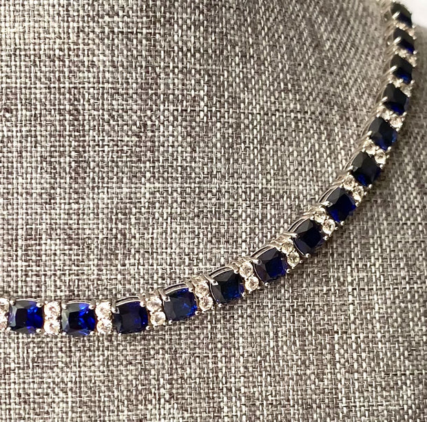 14kt gold blue sapphire heart bezel half tennis necklace | Luna Skye