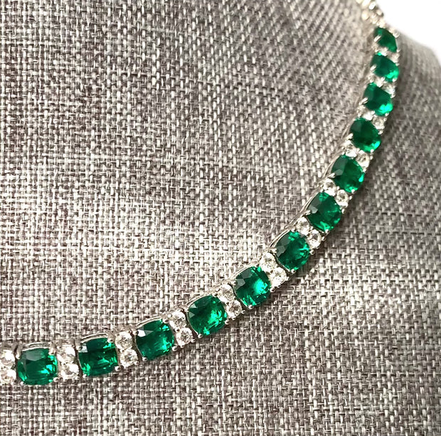 Emerald and White Sapphire Tennis Necklace
